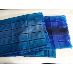 Handwoven Lightweight Stripe Scarf Blue Teal with Silver Thread Fringed Scarf